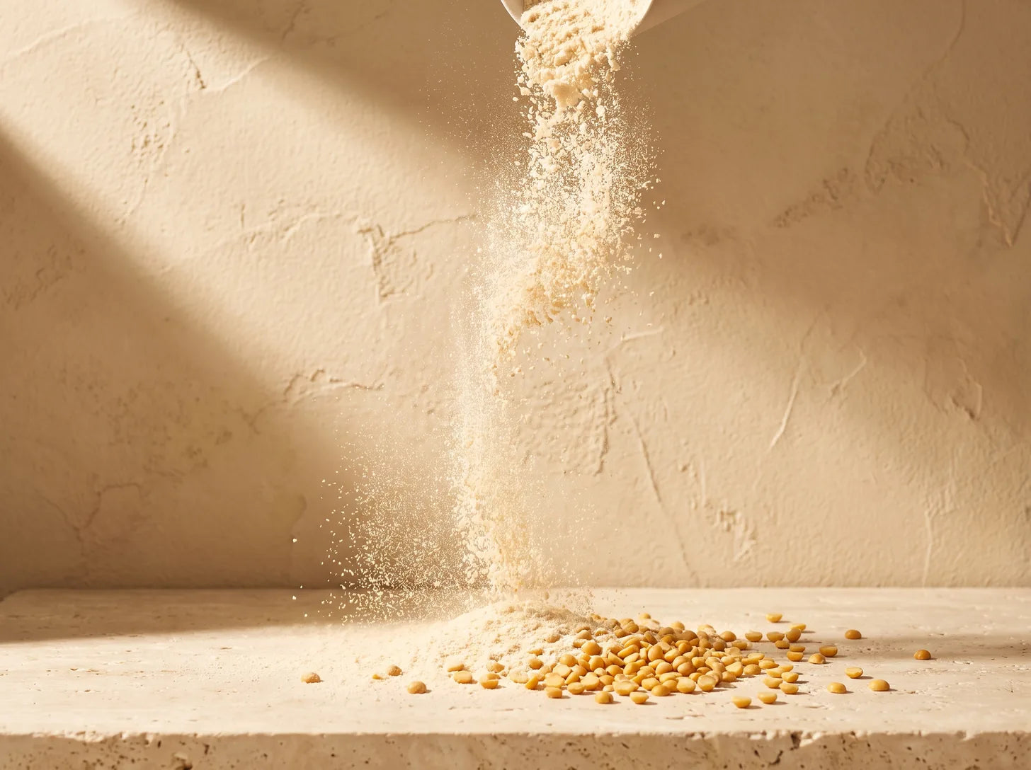 A soft cascade of pale protein powder falling through a shaft of golden light against a warm cream wall, with yellow peas scattered on the stone below