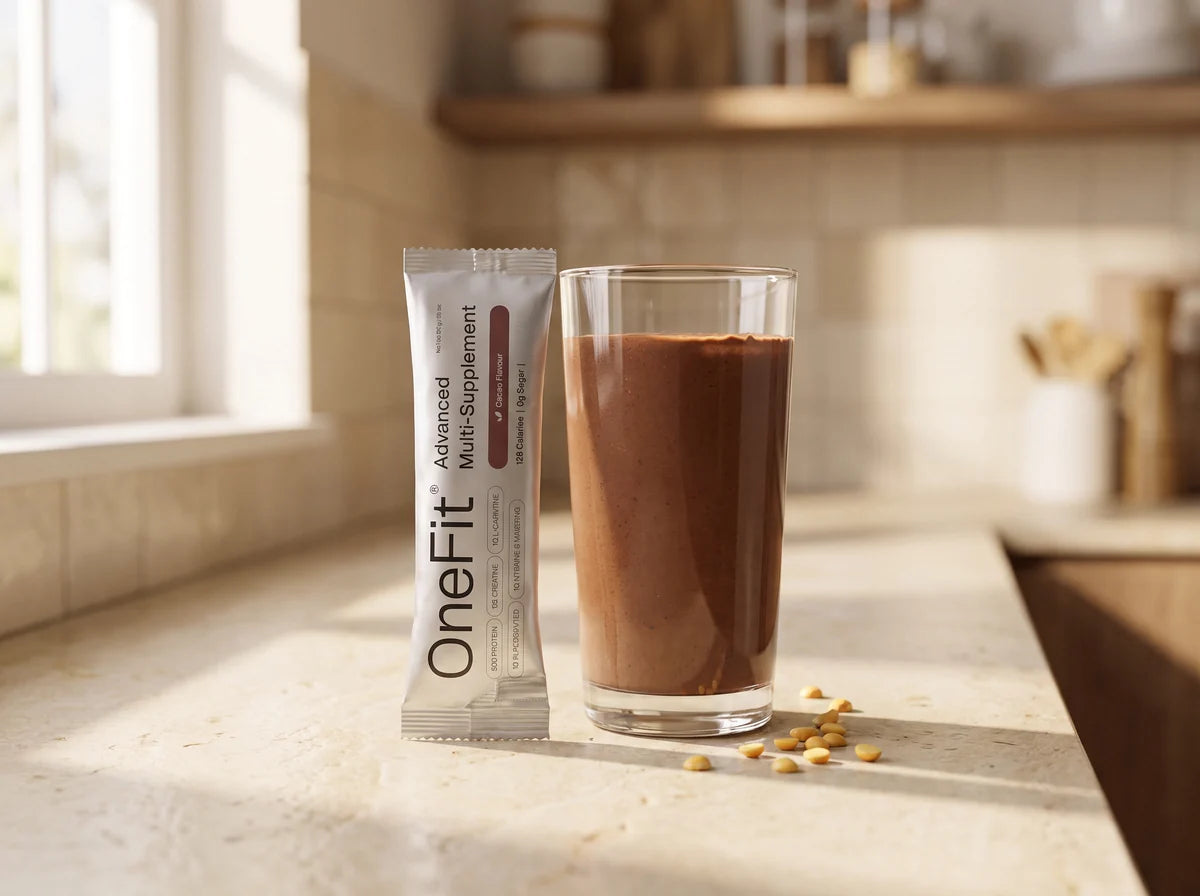 A Clean Lean Protein Cacao sachet beside a freshly prepared chocolate shake on a sunlit kitchen counter