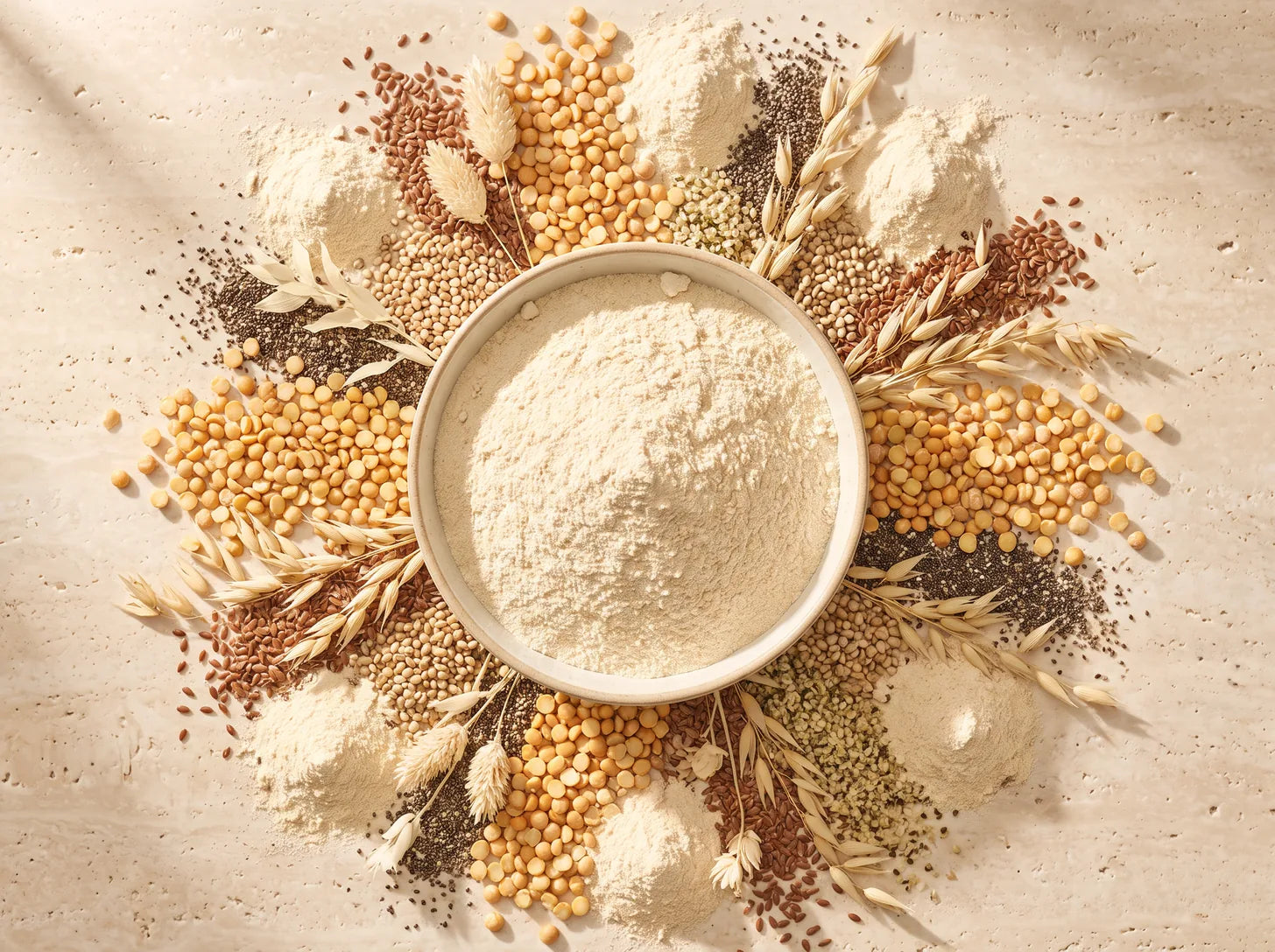 An overhead arrangement of a bowl of protein powder encircled by whole yellow peas, grains and seeds, radiating outward like a complete set