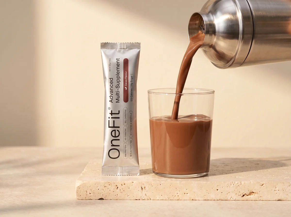 A smooth stream of chocolate Clean Lean Protein shake poured cleanly from a shaker into a glass, the sachet beside it on a stone ledge