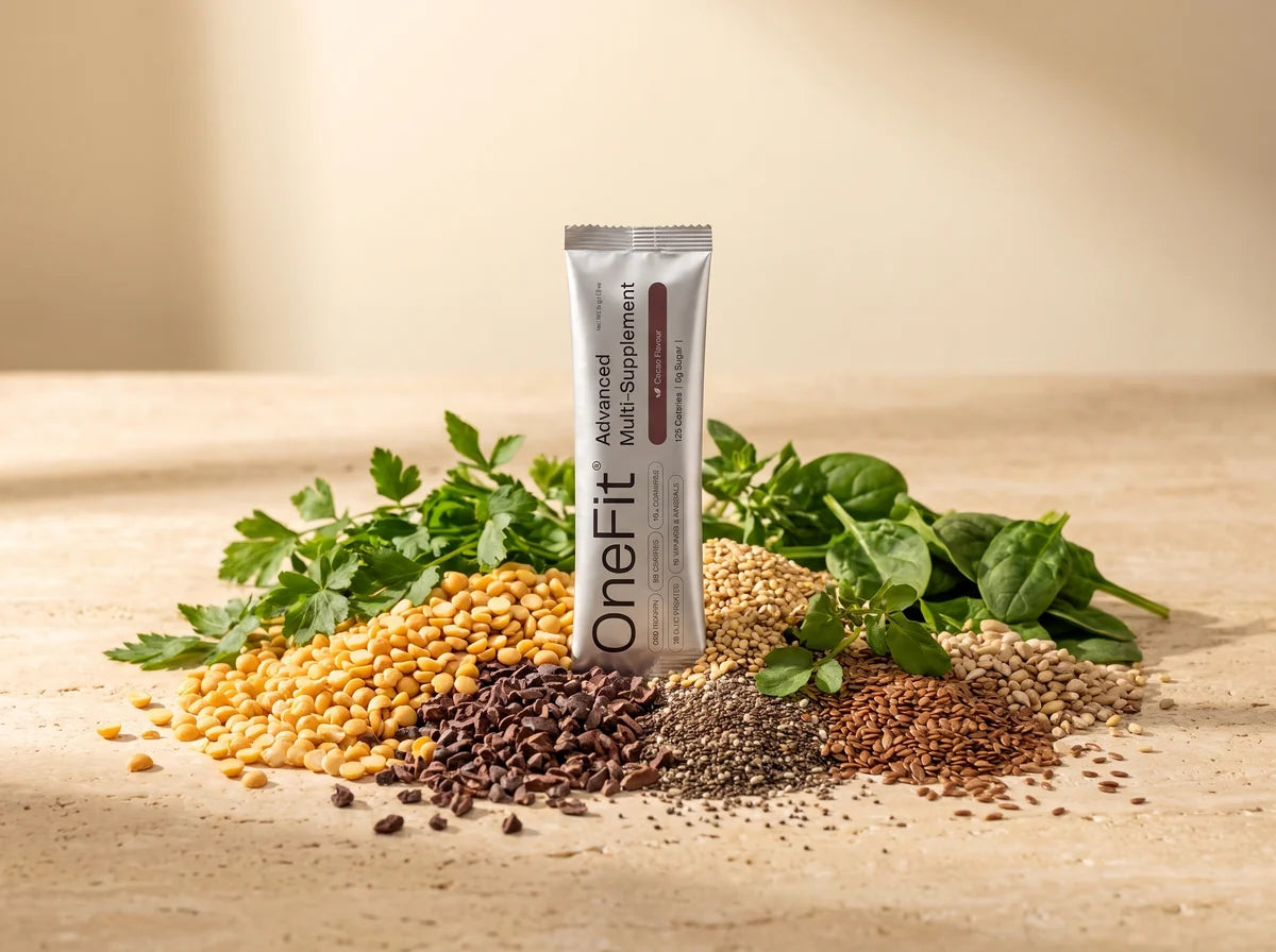 A Clean Lean Protein sachet standing amid an abundant spread of yellow peas, seeds and greens
