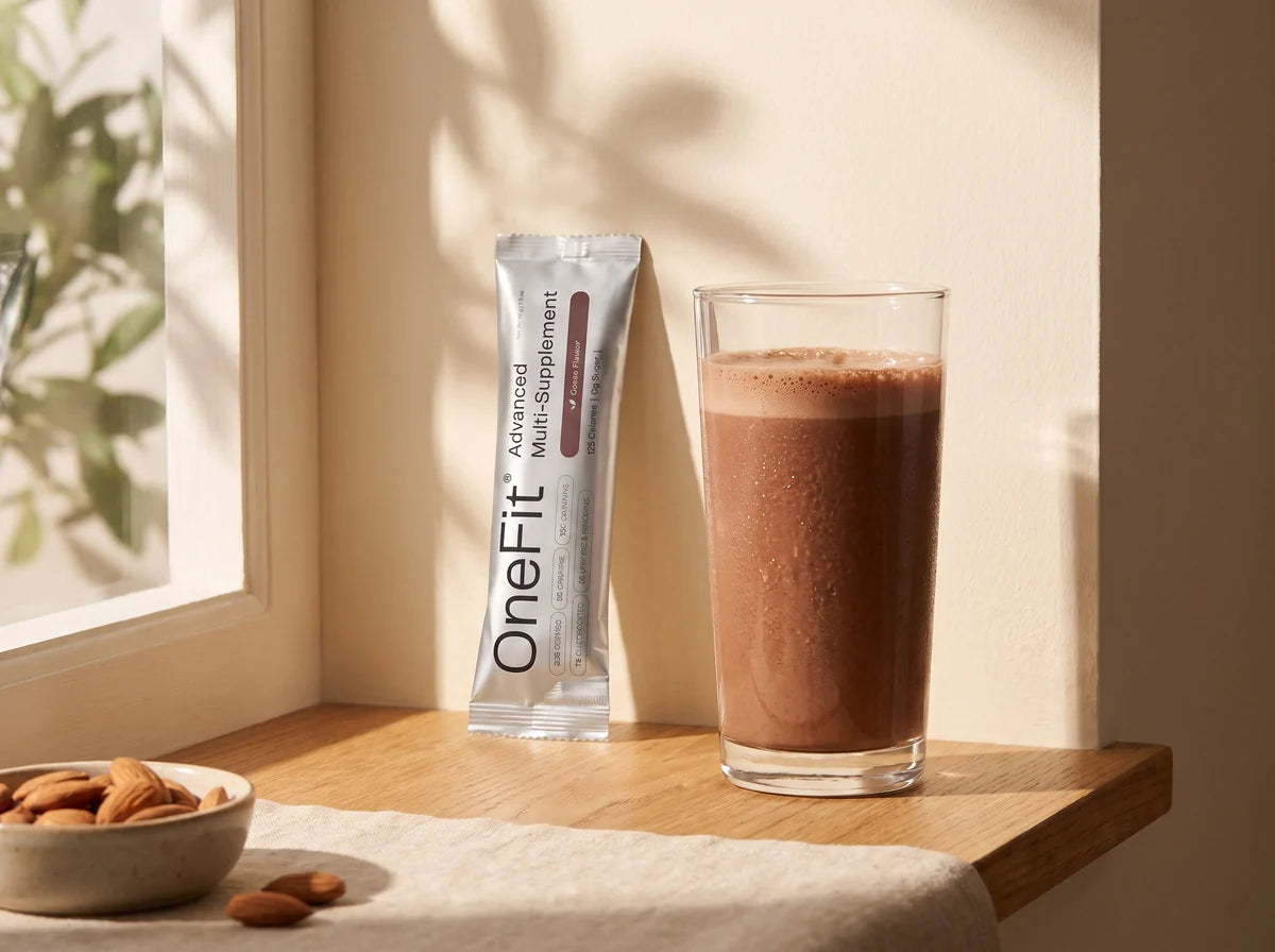 A Clean Lean Protein sachet and a prepared chocolate shake on a sunlit windowsill, a calm daily ritual