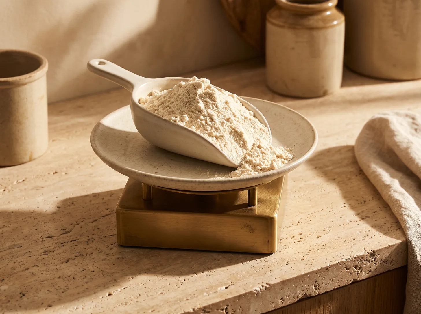 A generous heaped scoop of pale yellow-pea protein powder resting on a brass kitchen scale in warm afternoon light