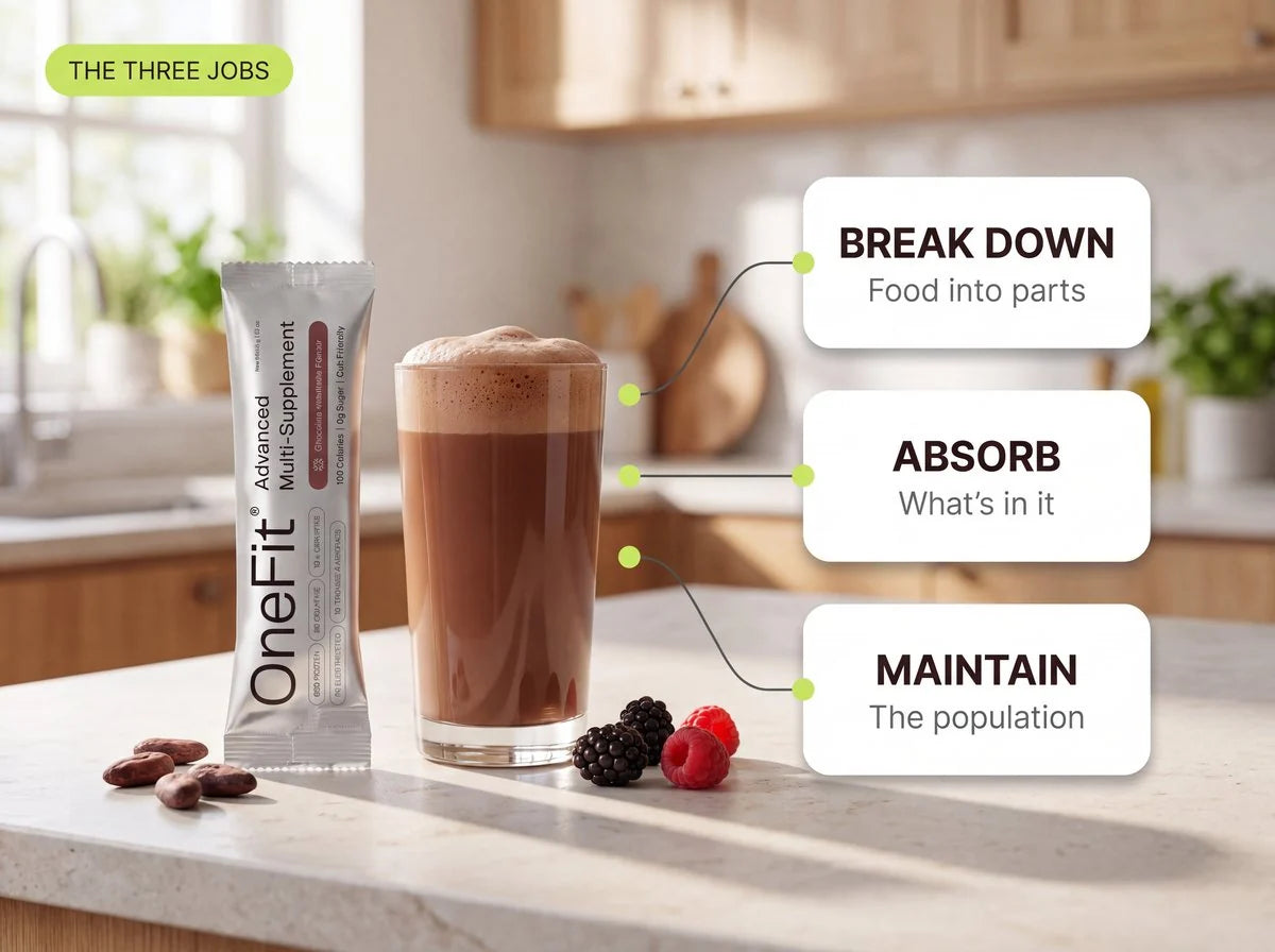 A OneFit sachet and a glass of prepared chocolate drink on a sunlit kitchen bench, labelled with the gut's three jobs: break down food into parts, absorb what is in it, and maintain the population.