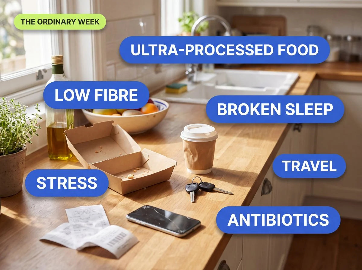 A kitchen bench at the end of an ordinary week, labelled with the six pressures the copy names: ultra-processed food, low fibre, stress, broken sleep, travel and antibiotics.