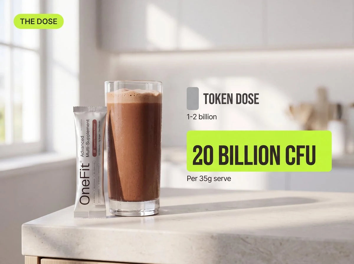 A OneFit sachet beside a prepared drink, comparing a token probiotic dose of 1 to 2 billion against OneFit's 20 billion CFU per 35g serve.