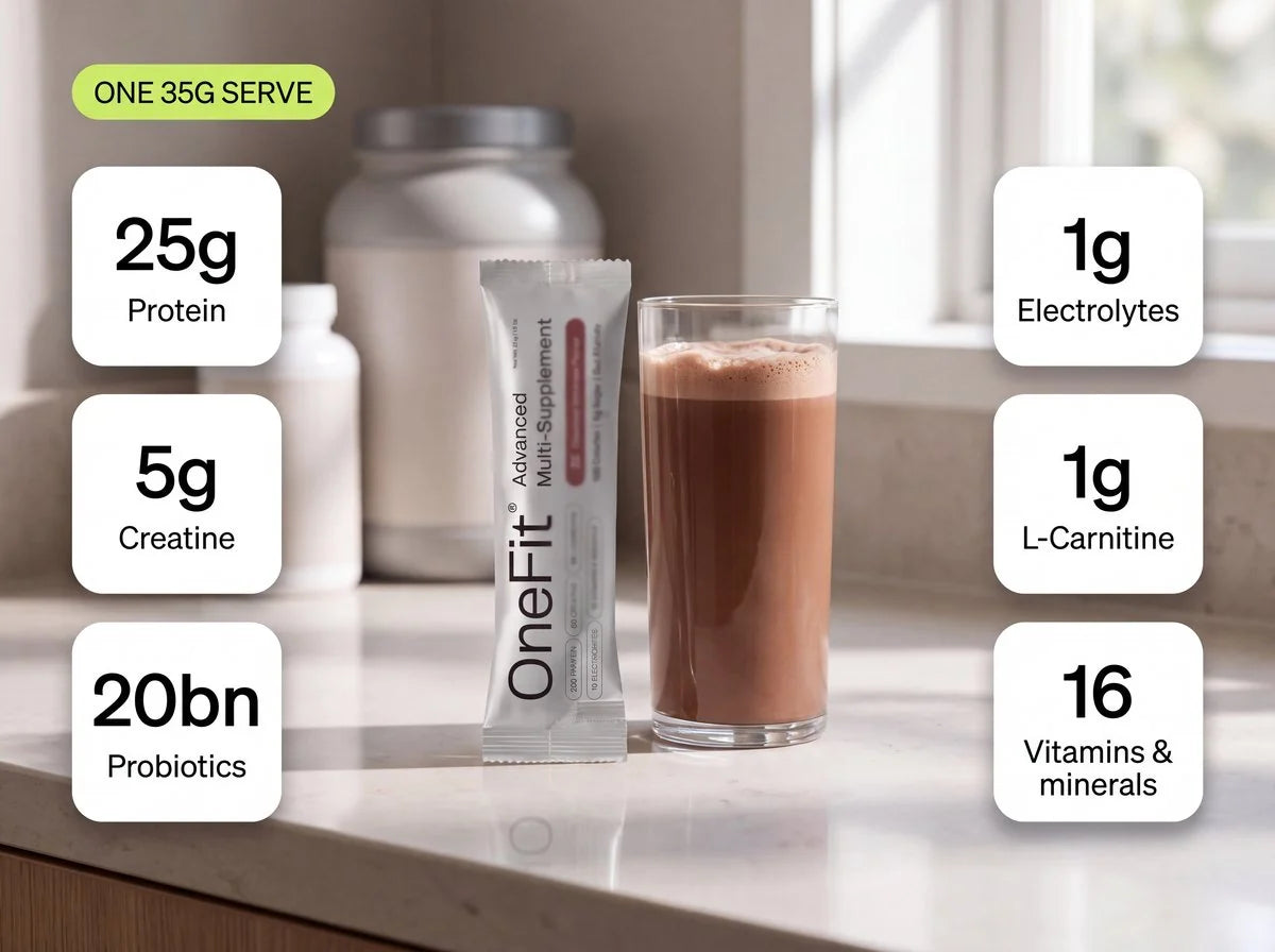 A OneFit sachet and a prepared drink in front of the supplement tubs they replace, labelled 25g protein, 5g creatine, 20bn probiotics, 1g electrolytes, 1g L-carnitine and 16 vitamins and minerals in one 35g serve.