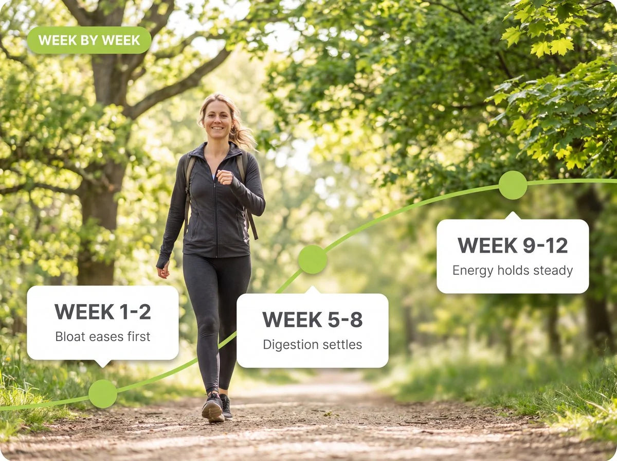 A OneFit member walking outdoors, with a rising curve marking what members report: bloat eases first in weeks 1 to 2, digestion settles by weeks 5 to 8, and energy holds steady by weeks 9 to 12.