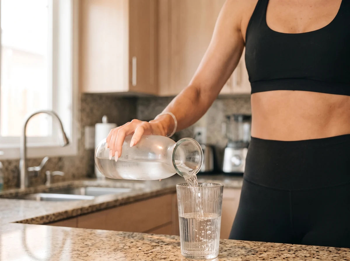 Water being poured into a glass on a kitchen bench in the early morning