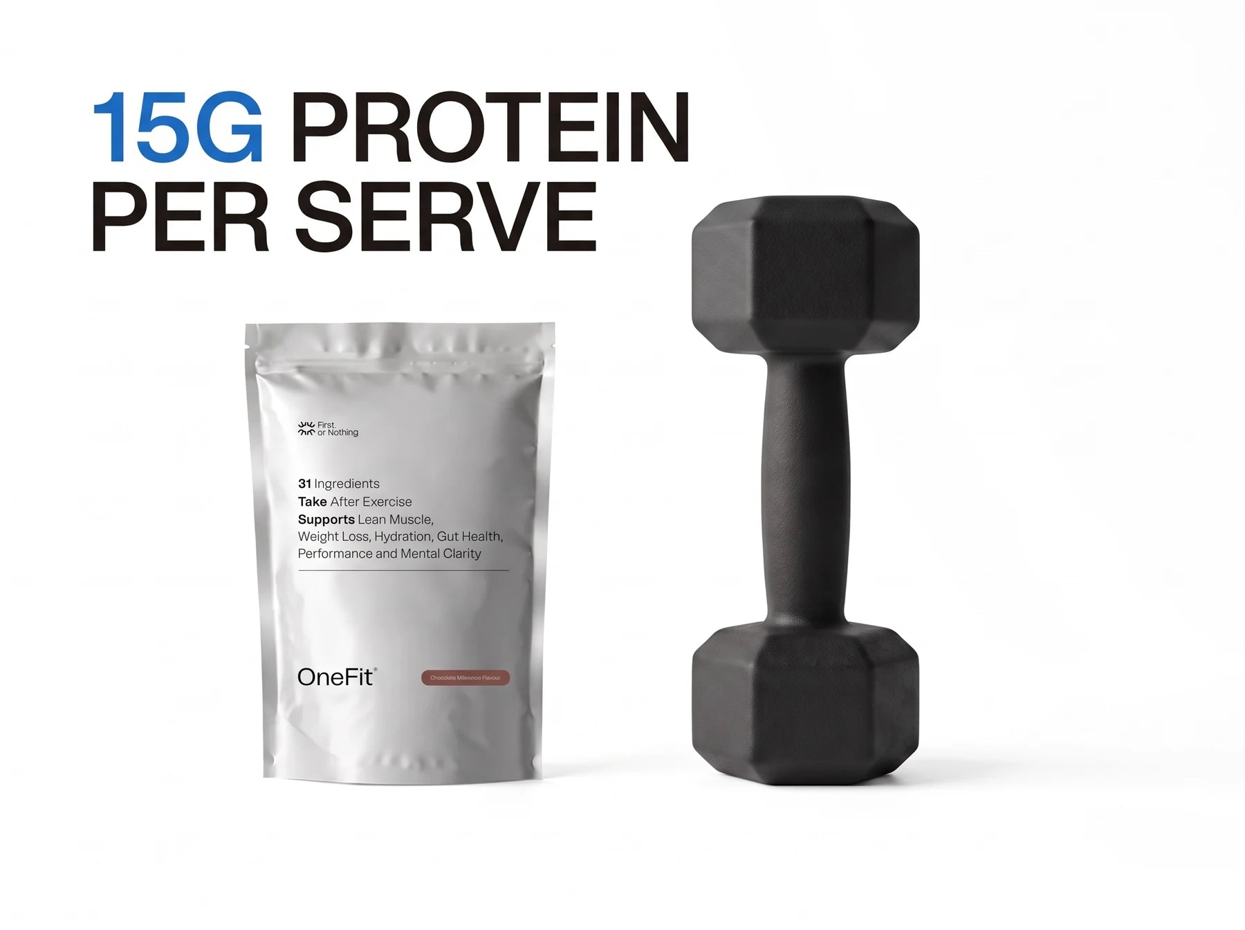 15g protein per serve. A OneFit Chocolate Milkshake pouch standing beside a black dumbbell