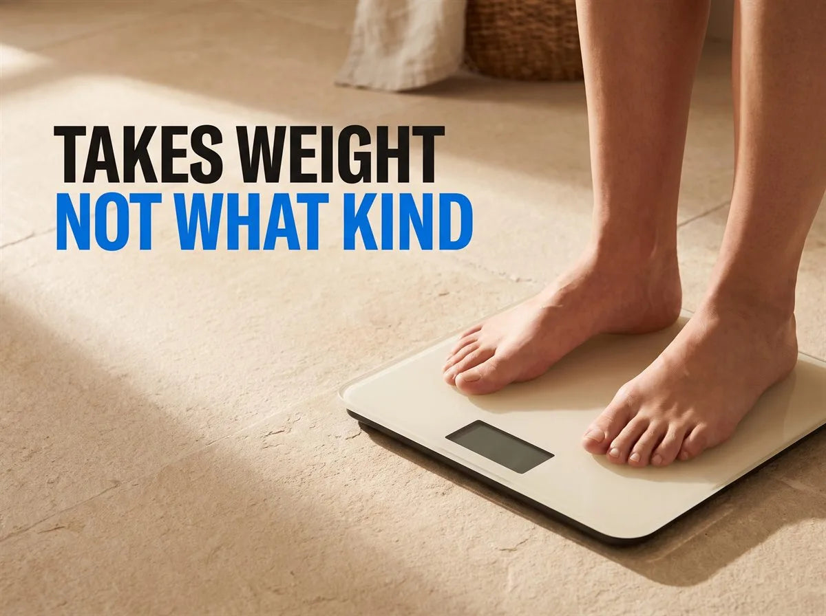 Takes weight, not what kind: bare feet on a bathroom scale on a warm limestone floor in morning light