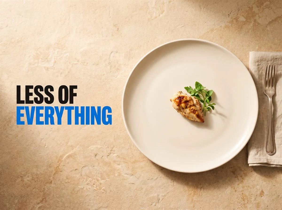 Less of everything: one small portion alone in the middle of a very large, otherwise empty plate