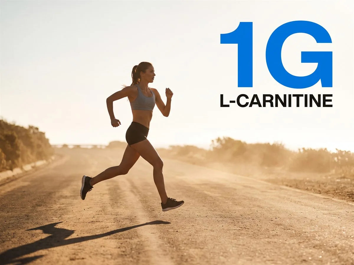 1g L-Carnitine. A woman running on an empty coastal road at golden hour