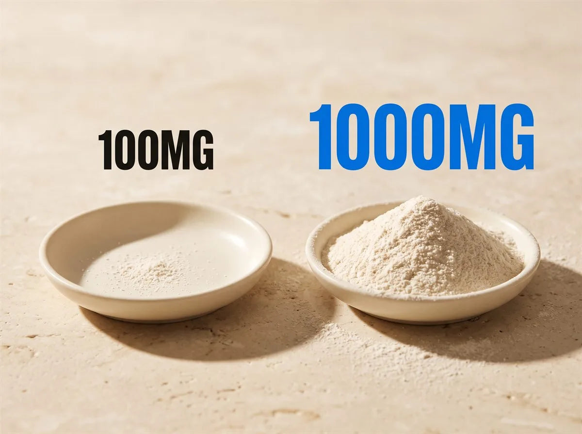 Dose compared on warm stone: a 100mg sprinkle of powder in one dish beside a heaped 1,000mg measure in another