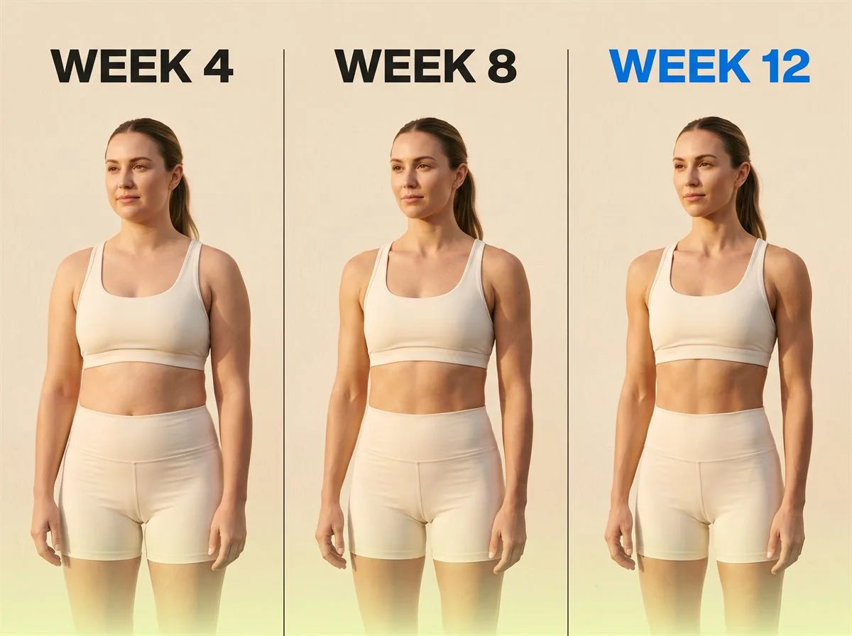 Week 4, week 8 and week 12 side by side: the same woman photographed three times against the same cream wall, growing steadily leaner from left to right