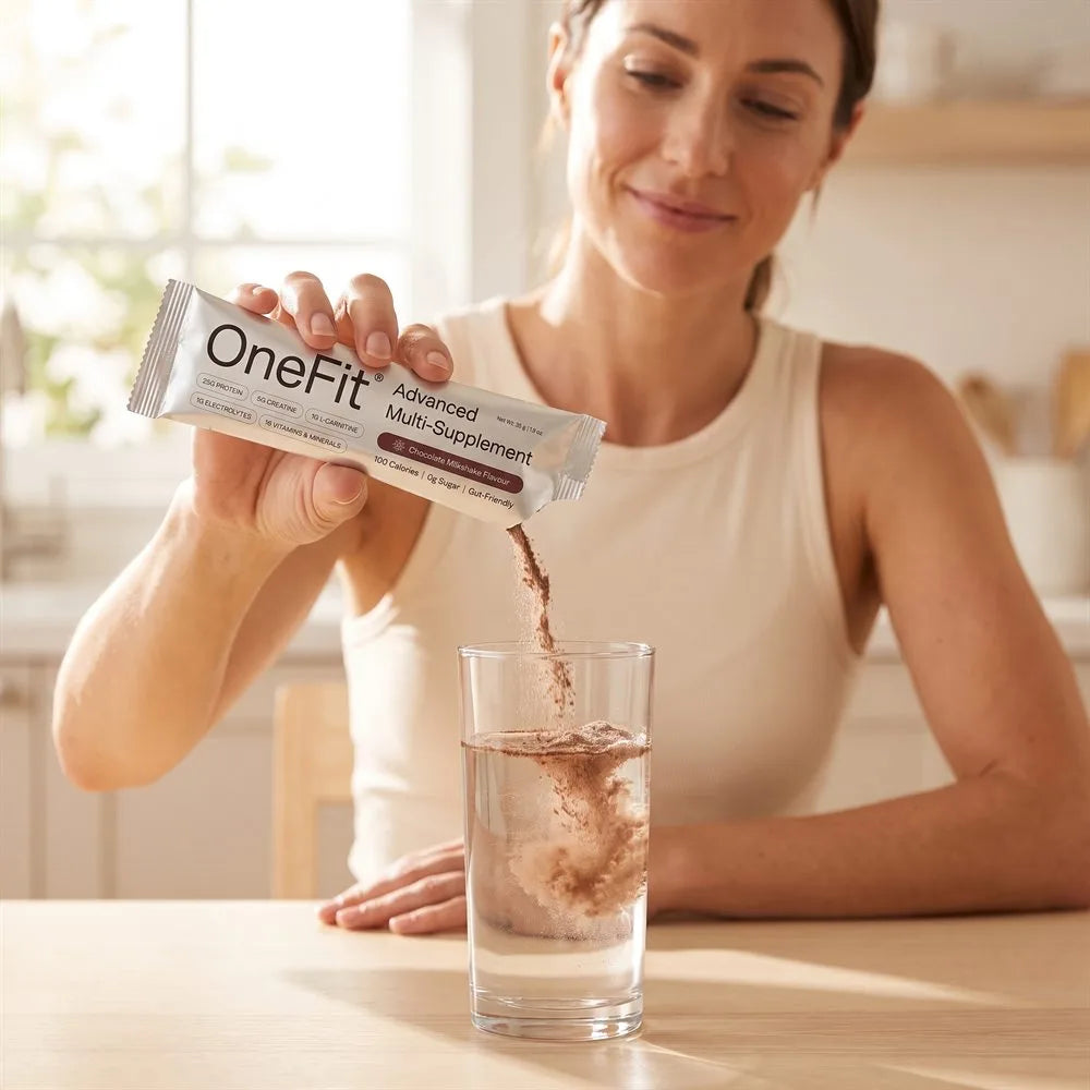 A woman at a kitchen table pouring a OneFit Advanced Multi-Supplement Chocolate Milkshake sachet into a glass of water