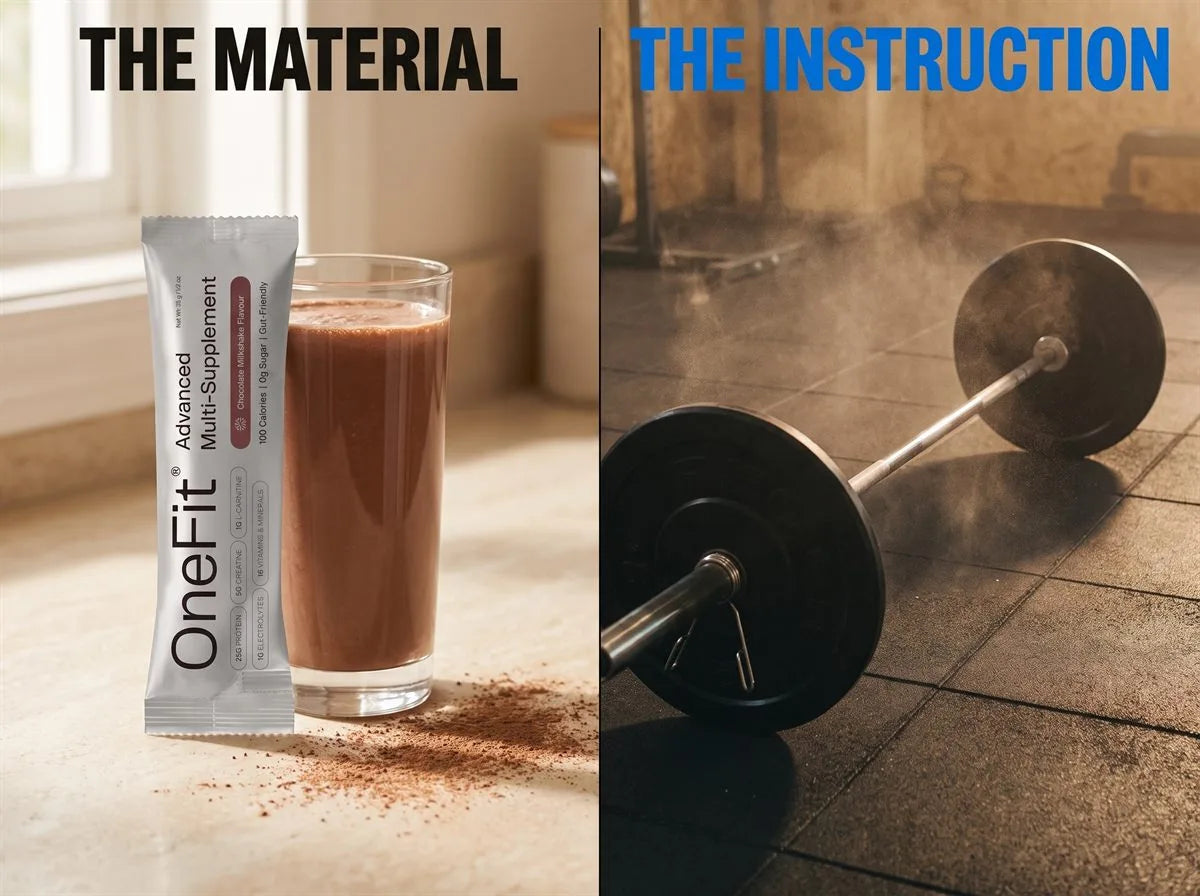 The material, and the instruction: on one side of a split photograph, a OneFit sachet and a glass of chocolate shake on a sunlit kitchen bench; on the other, a loaded barbell on a gym floor