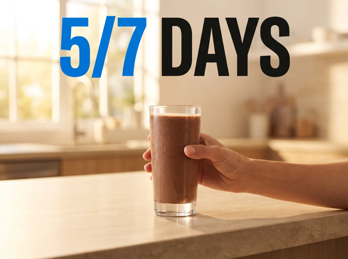 5/7 days: a hand holding a tall glass of chocolate shake on a sunlit kitchen counter