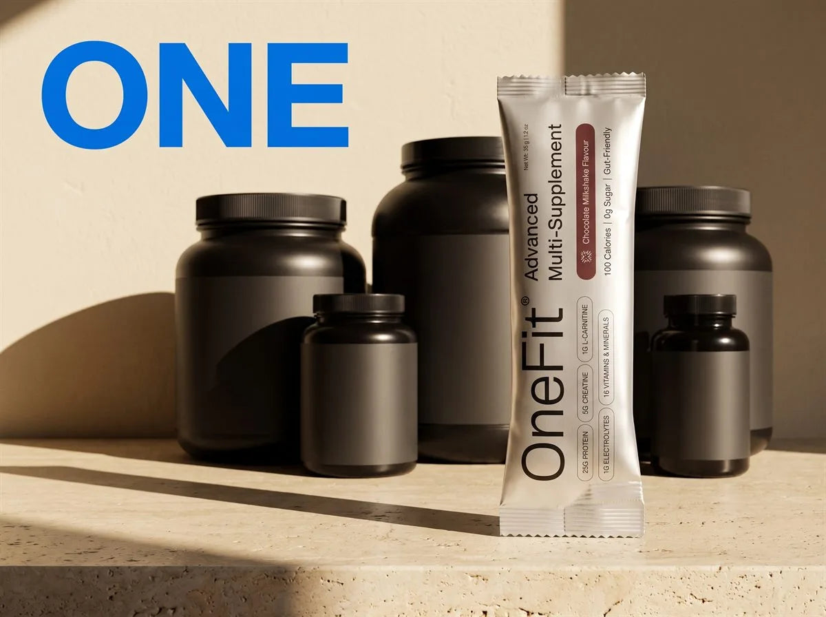 One. A single OneFit Advanced Multi-Supplement sachet standing in hard afternoon light in front of the five bulky, unlabelled black supplement tubs it replaces