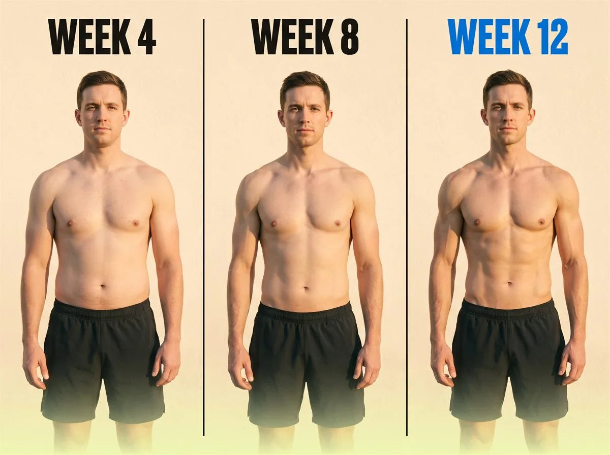 Week 4, week 8 and week 12 side by side: the same man photographed three times against the same cream wall, growing steadily leaner and more defined from left to right