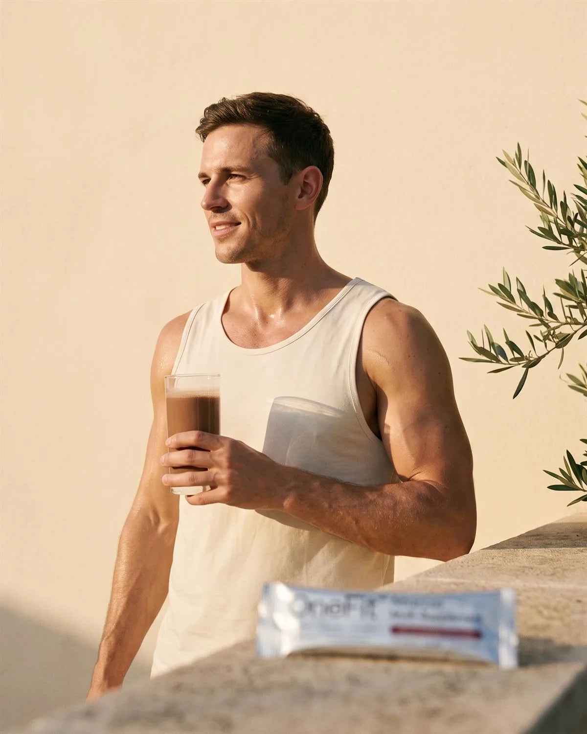 A lean, athletic woman in cream activewear laughing in golden afternoon light against a warm cream wall, holding a tall glass of chocolate OneFit shake, with a OneFit sachet on the stone ledge beside her