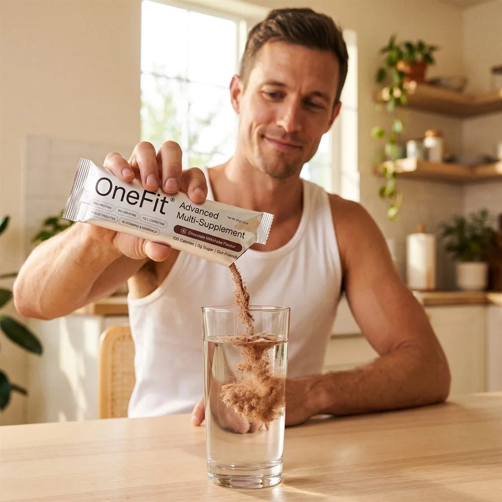 A man at a kitchen table pouring a OneFit Advanced Multi-Supplement Chocolate Milkshake sachet into a glass of water