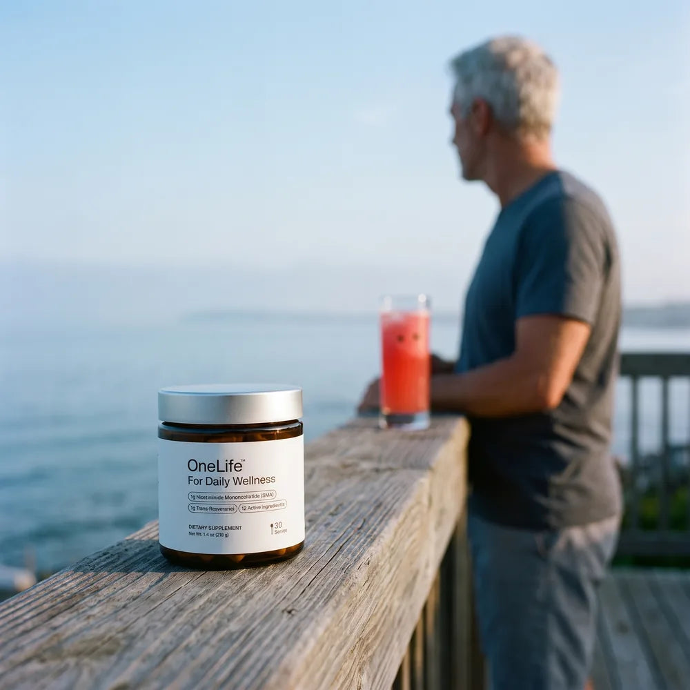 A OneLife jar on a weathered deck rail at first light, the sea behind, a prepared watermelon-pink serve in hand