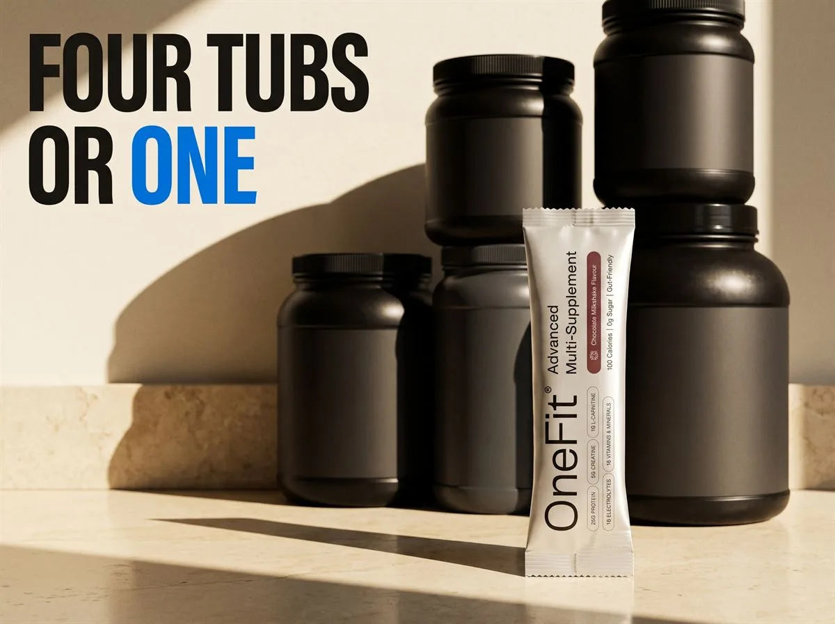 Four tubs or one: four bulky, unlabelled black supplement tubs crowded on a bench behind a single OneFit Advanced Multi-Supplement sachet