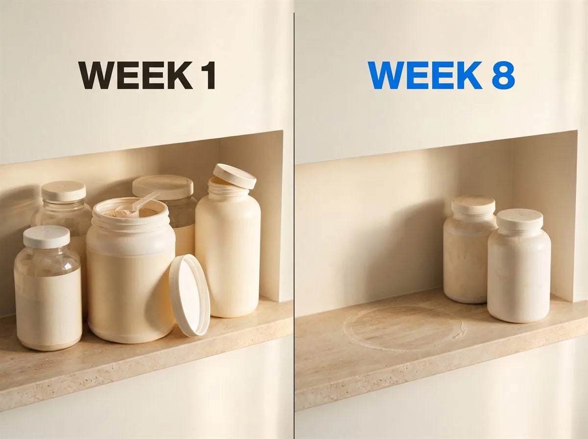 The same shelf at week 1 and at week 8: crowded with open, unlabelled supplement containers to begin with, and down to two untouched ones by the end
