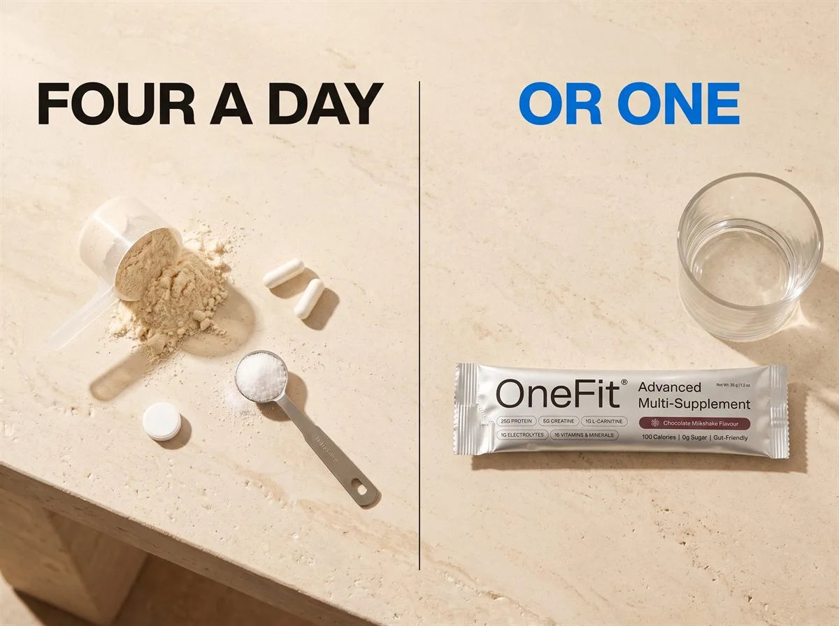 Four a day or one: a scoop of powder, two capsules, a spoon of salt and a tablet scattered across one half of a bench, a single OneFit sachet and a glass of water on the other