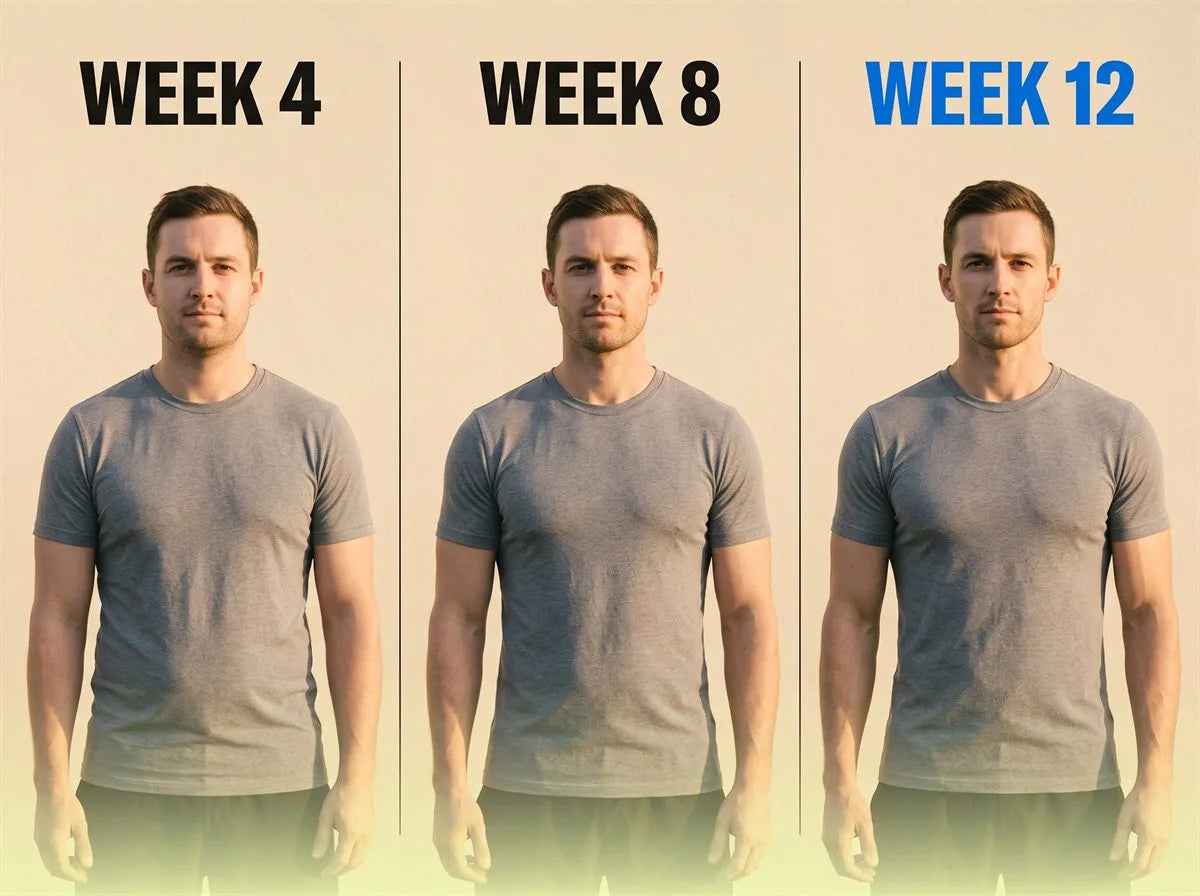 Week 4, week 8 and week 12 side by side: the same man photographed three times against the same cream wall, growing steadily leaner and more defined from left to right