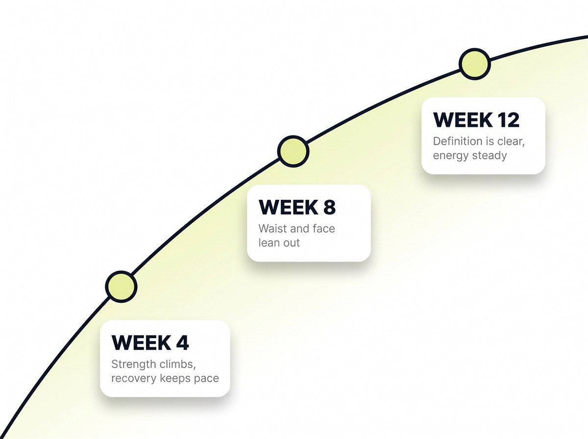 Week 4: strength climbs, recovery keeps pace. Week 8: waist and face lean out. Week 12: definition is clear, energy steady