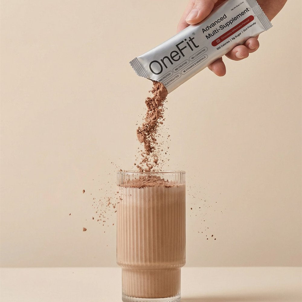A OneFit Chocolate Milkshake sachet being poured into a glass of water