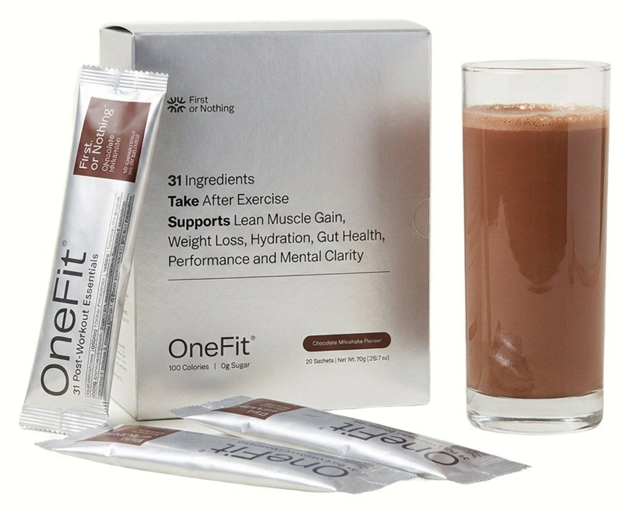 The OneFit Chocolate Milkshake carton with single-serve sachets and a prepared chocolate milkshake