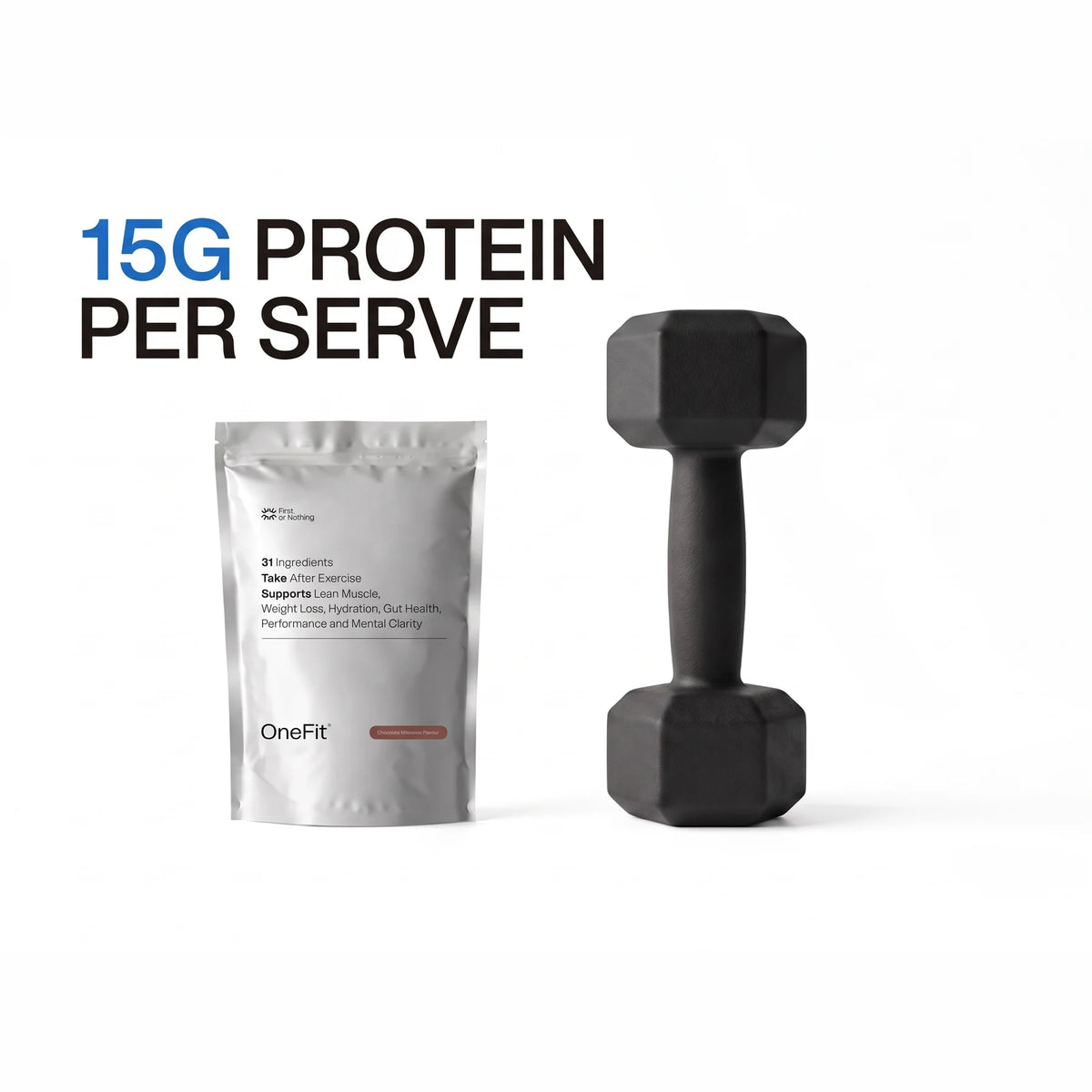 15g protein per serve. The OneFit pouch beside a black dumbbell