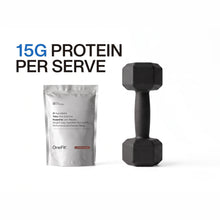 15g protein per serve. The OneFit pouch beside a black dumbbell