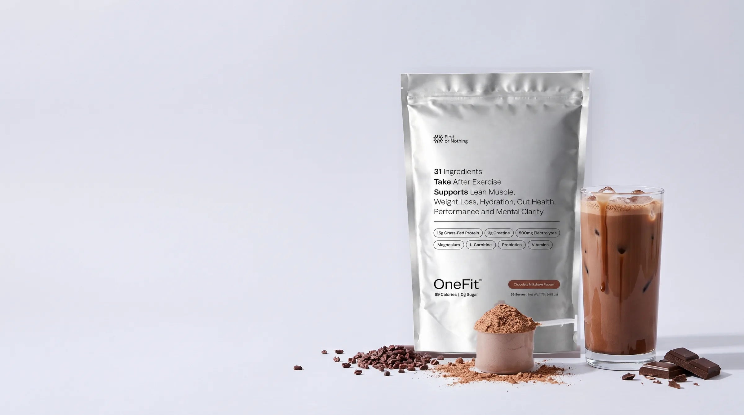 The new OneFit 4.7 Chocolate Milkshake pouch beside an iced chocolate shake, a scoop of powder, cacao nibs and dark chocolate