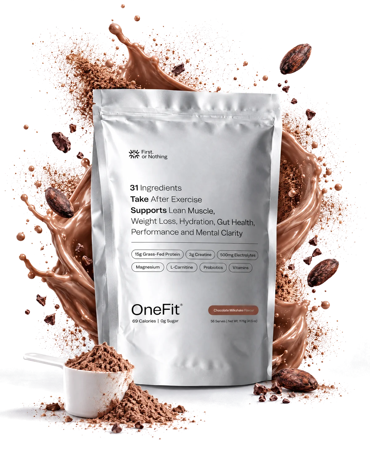 The OneFit&reg; 4.7 Chocolate Milkshake pouch in a splash of chocolate milkshake and cocoa powder with cacao beans, a heaped scoop at its foot