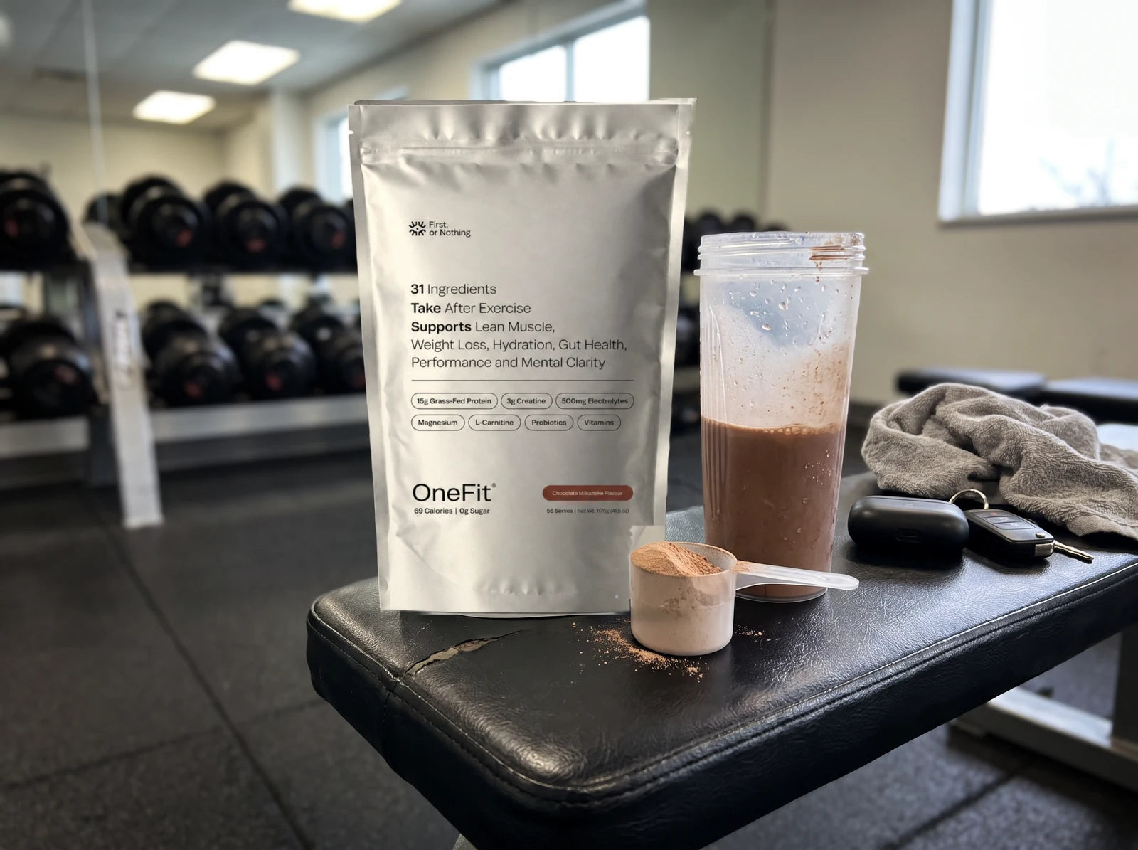 A OneFit 4.7 Chocolate Milkshake pouch on a gym bench beside a half-drunk shaker, a scoop of powder, a towel and keys
