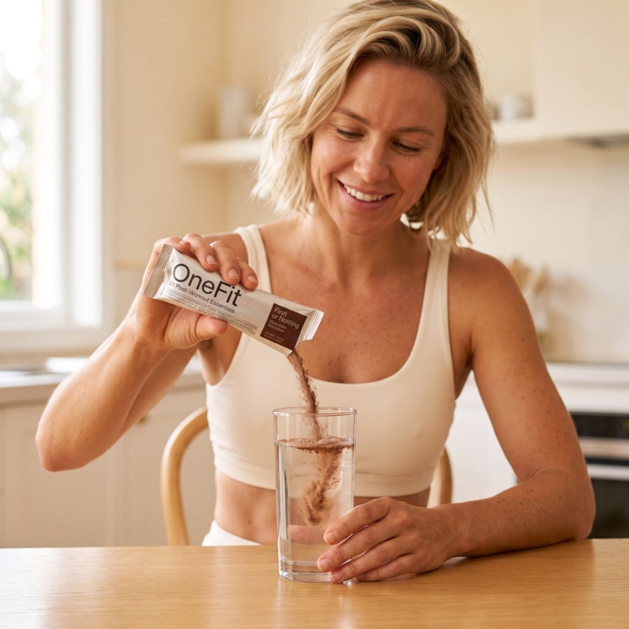 A OneFit member at a kitchen table pouring a OneFit Chocolate Milkshake sachet into a glass of water